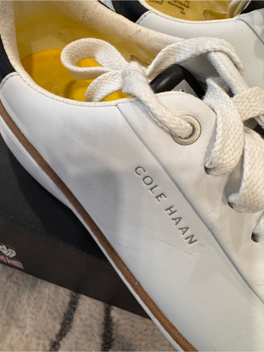 Cole Haan White Leather Sneakers with Navy Heel and Tan Welt - Picture 2 of 6